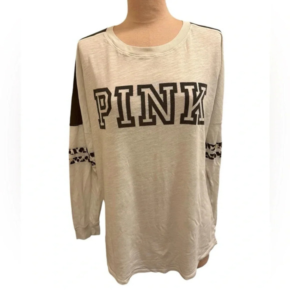 PINK Victoria's Secret Tops - Victoria’s Secret PINK White Brown Leopard Sleeve Long Sleeve Tee Size Small